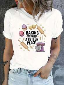 Playeras de mujer algodón [Camiseta estampada para mujer] BAKING THE WORLD A BETTER PLACE Camiseta estampada - Top casual de manga corta con cuello redondo para mujer - Adecuada para ropa de verano y primavera >ropa - Blanco - Ver 1