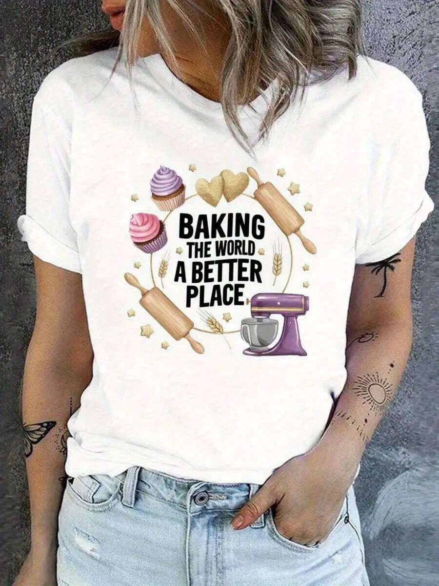 Playeras de mujer algodón [Camiseta estampada para mujer] BAKING THE WORLD A BETTER PLACE Camiseta estampada - Top casual de manga corta con cuello redondo para mujer - Adecuada para ropa de verano y primavera >ropa - Blanco - Ver 1