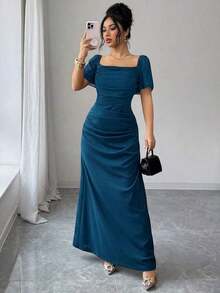 XHESHEIN Elenzya Vestido elegante y romántico de manga corta con cuello cuadrado ajustado para mujerXHE - Agua verde azul - Ver 3