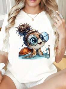 Camiseta de Mujer con Cuello Redondo y Mangas Cortas, Estampado Divertido de Tortuga Linda con Gafas y Moño, Camiseta Gráfica de Moda Casual para Mujer, Top de Verano, Camiseta con Estampado de Animal Divertido, Adecuada para el Día de San Valentín, Fiestas de Navidad, Actividades Deportivas, Fiestas de Vacaciones, Salidas, Deportes y Otros Regalos Festivos. Camiseta Algodón - Blanco - Ver 6