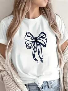 Women's Elegant Casual T-Shirt With Gold Bow Print And Short Sleeves - Lightweight And Durable Polyester Top With Round Neck, Black With Beige Bow Design, Suitable For Both Casual And Formal Wear, Ideal For Home, Office Or As A Wedding Guest - Versatile And Wrinkle-Resistant Top For All Seasons. - 白色 - 查看 7