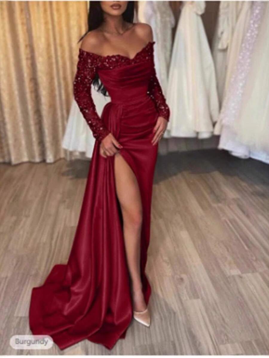 Elegant Sequined Party Dress With Long Sleeves, Perfect For Banquets, Events, And Female Presenters - Burgundy - View 1