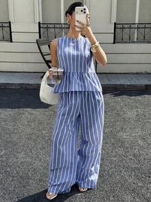 Conjunto de 2 piezas de top sin mangas con volantes en el bajo y pantalones, estilo casual de verano con rayas para mujer - Azul - Ver 4