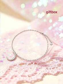 1pc S925 Sterling Silver Girl's Anklet, Simple Elegant Foot Chain, Sweet & Charming, Adorned With Moon Pendant, Suitable For Beach Wear, Fashionable & Versatile - Moon - View 3