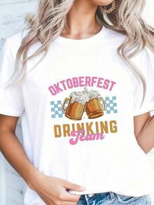 1 camiseta gráfica de Oktoberfest para mujer (tallas S-2XL) - Camiseta negra 100% de manga corta con cuello redondo, con diseño de jarra de cerveza colorida y texto en alemán, atuendo divertido para fiestas de Oktoberfest para amantes de la cerveza, informal, 180g, 100% algodón. - Blanco 1 - Ver 12