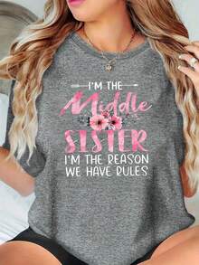 1 pieza de camiseta de manga corta con cuello redondo para mujer con estampado de hermana - estilo deportivo casual, suave y transpirable, hecha de poliéster y spandex de 180g, vivaz y divertida, elegante y alegre, resalta la individualidad, fácil de combinar. 180g 100% Algodón - Blanco - Ver 7