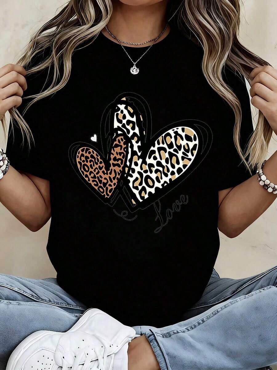 Camiseta con Estampado de Corazón de Leopardo y Texto de Amor, Estilo Casual Deportivo para Mujer - Estilo Urbano Vintage, Unisex, Holgada, de Algodón, Manga Corta, Cuello Redondo, 100% Algodón - Negro - Ver 1