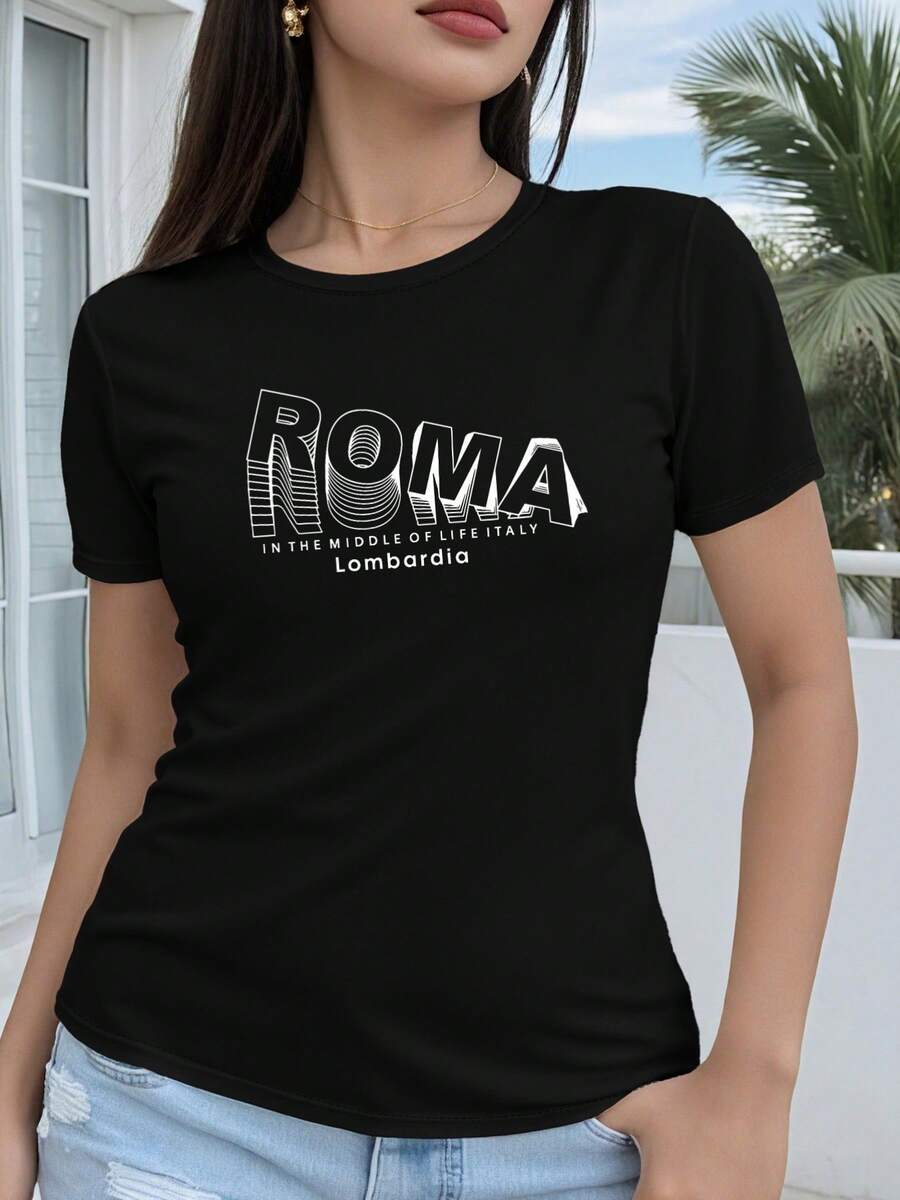 Women's Regular Fit Short Sleeve T-Shirt - 2D Geometric Graphic Print With The Inscription "ROMA" And The Phrase "IN THE MIDDLE OF LIFE ITALY Lombardia" Underneath, Casual Short Sleeve Crew Neck Top, Suitable For All Seasons, Available In Multiple Colors - High Quality - 黑色 - 查看 1