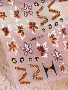 SWEET TREND 5D Brown Hibiscus Nail Stickers 2pcs Y2K Gradient Flower Petal Leopard Print Chain Line French Design DIY Autumn Winter Gothic Floral Print Retro Fashion Self-Adhesive Gel Polish Salon Manicure Tips Decal Slider Nail Art Decoration Nail Supplies - Multicolor - View 6