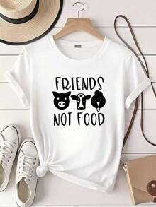 Camiseta ModernoWomen con estampado "Amigo, no comida", camiseta vegetariana para mujer, camiseta vegana divertida, regalo lindo para mujeres veganas, camiseta vegetariana, camiseta gráfica cómoda para mujer para uso diario, cuello redondo, manga corta, unisex, a la moda, suave y transpirable, ropa casual. - Blanco - Ver 6