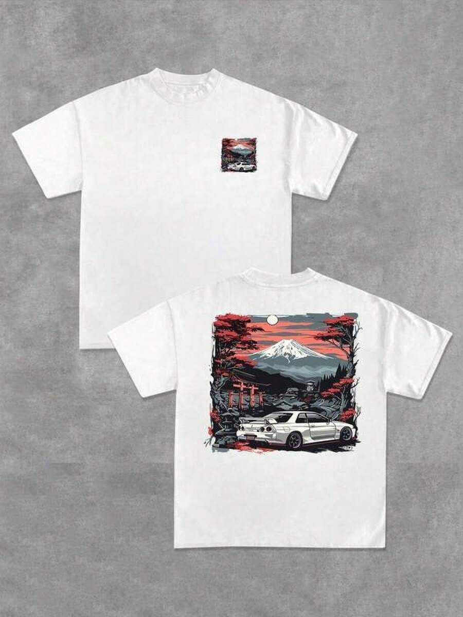 Camiseta de Hombre con Estampado de Coche Skyline R32, Estilo Japonés, Casual y Elegante, Impresión a Doble Cara, 220g, 100% Algodón, Estilo Japonés Genial - Negro - Ver 1