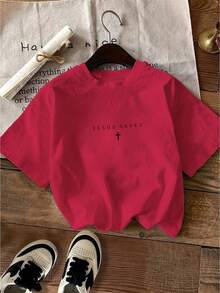 Camiseta con Estampado de Letras, Manga Corta Cuello Redondo Top Casual para Verano y Primavera, Ropa de Mujer - Blanco - Ver 7