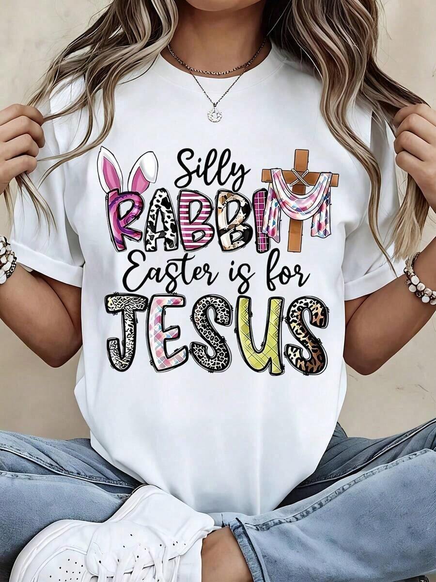 Camiseta "Silly Rabbit Easter Is For Jesus" Blanca con Estampado Religioso de Cruz y Conejo de Pascua, Ropa Casual para Mujer para Celebración de Pascua Cristiana - Blanco - Ver 1