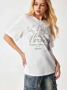 1 pieza MONOPOLY X 356T Camiseta Casual Holgada para Mujer con Estampado de Frases y Dibujos Animados, Cuello Redondo, Manga Corta, 180g 100% Algodón - Blanco - Ver 6