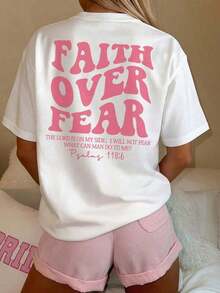 1 pieza de camiseta gráfica de manga corta y cuello redondo para mujer - "FAITH OVER FEAR" con estampado audaz en la espalda con la Biblia Salmo 118:6, estética de fe cristiana, top casual para uso diario, 180g 100% algodón, los diseños están completamente impresos. Unisexo. - Blanco 3 - Ver 1