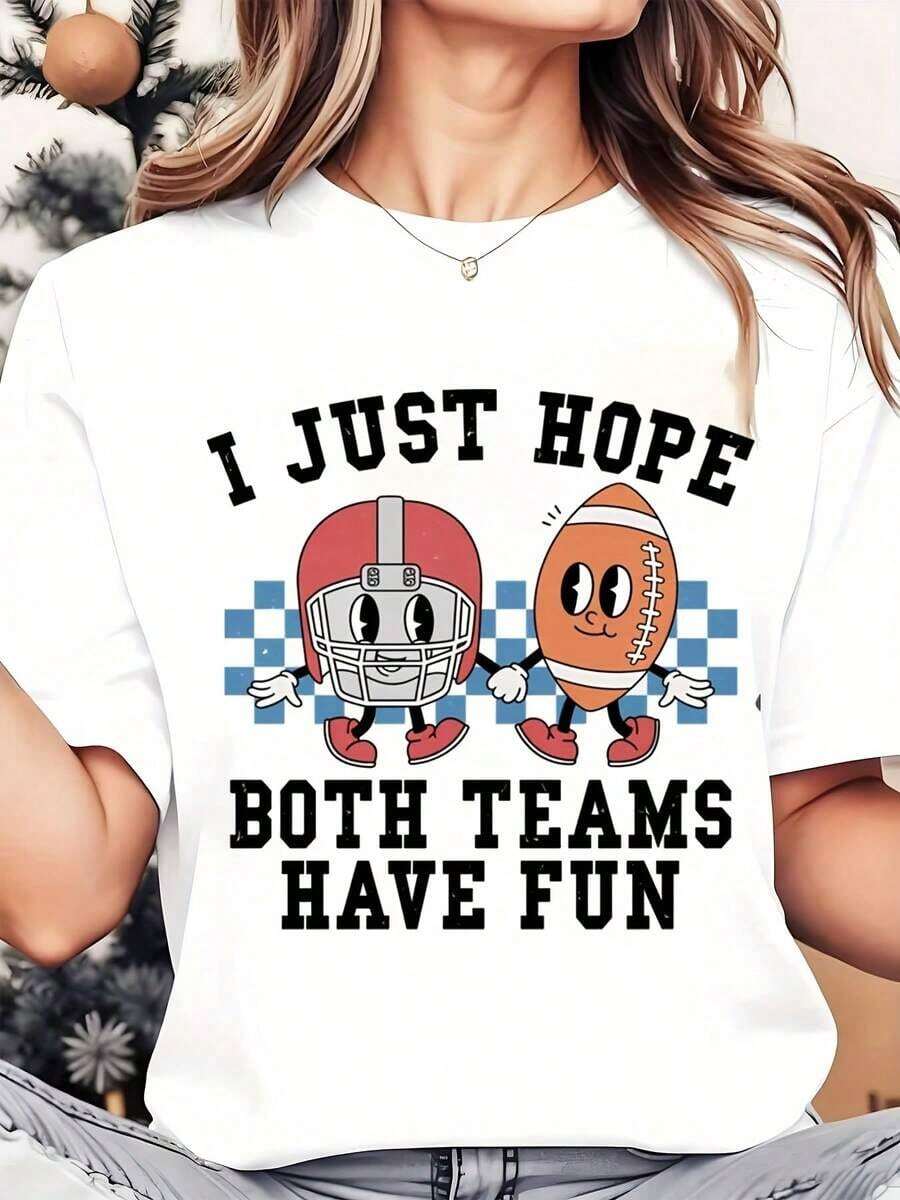 Camiseta de Mujer con Estampado de Dibujos Animados de Casco y Balón de Fútbol, Cuello Redondo, Uso Diario Casual, Suave y Cómoda, para Vacaciones, 220g, Playera Holgada para Mujer - Blanco - Ver 1