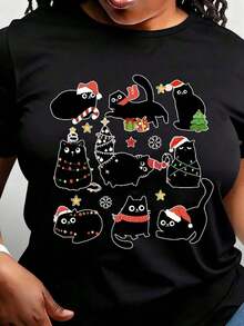 ropa de mujer 2024 Camiseta Casual de Cuello Redondo para Mujer - Estampado Festivo de Gato con Gorros de Papá Noel y Decoración Navideña, Suéter Acogedor Verde Oscuro, Lavable a Máquina, Comodidad para Todas las Temporadas, Ropa Navideña con Estampado de Gato, Estampado Divertido, Tela Duradera, camisas de mujer - Negro - Ver 1