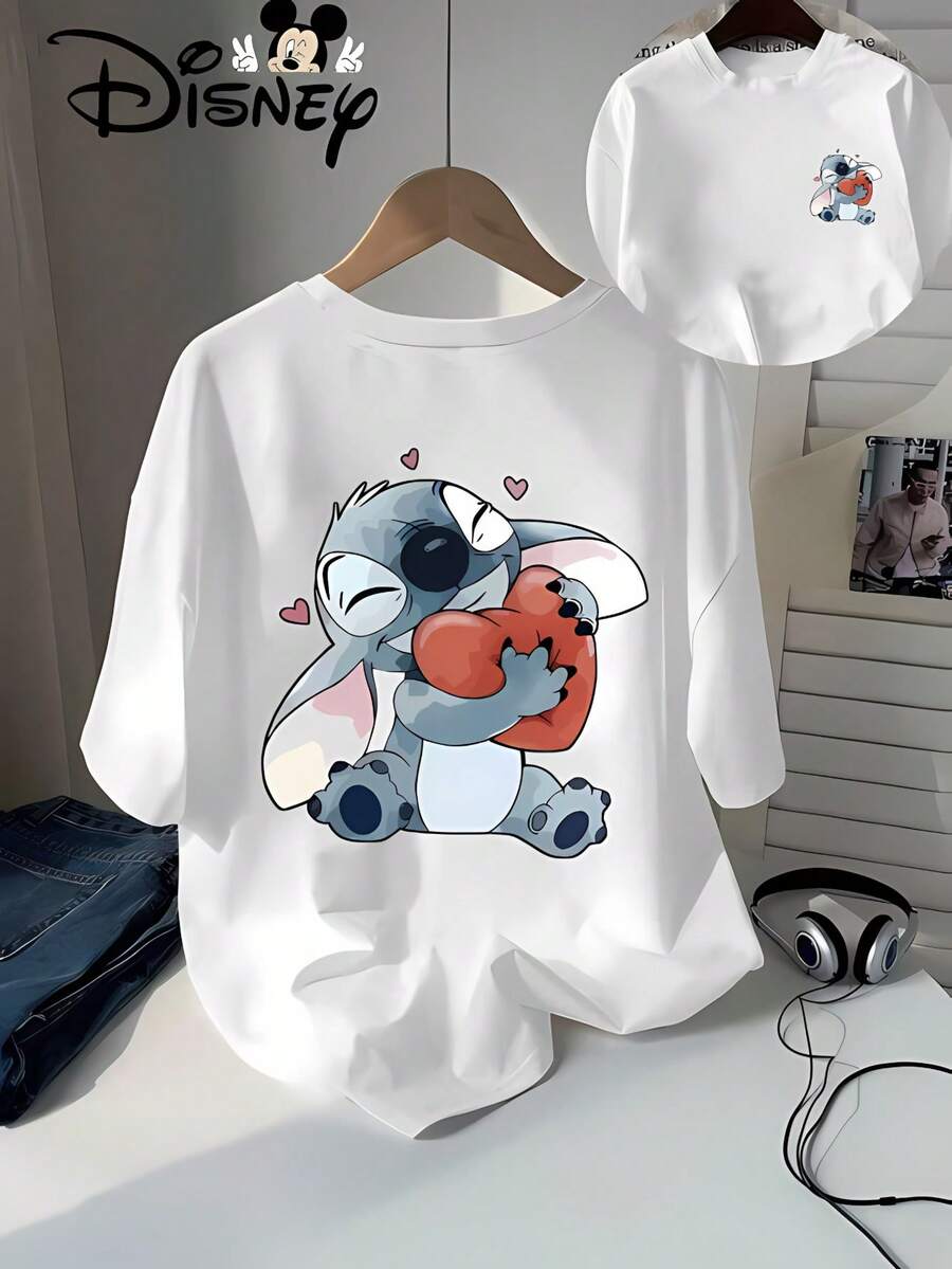 Disney Lilo & Stitch Heart Hug Graphic T-Shirt For Women, Tops De Mujer, Summer Tops For Women, Casual Short Sleeve Tee, Vacation Outfits Women, Cute Love Cartoon Print Shirt, Summer Outfits For Women - 白色 - 查看 1