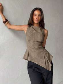 Blusa sin mangas asimétrica color caqui - Caqui - Ver 8