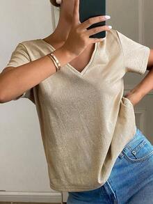 Camiseta casual holgada de mujer de unicolor con cuello en V y mangas cortas, ropa casual de negocios para mujer - Albaricoque 2 - Ver 4