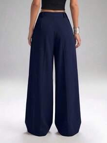 Pantalones de pierna ancha de cintura alta 100% algodón, uso versátil y casual adecuado para la universidad, ocio, fiestas, festivales de música, graduación, vuelta al colegio, vacaciones y oficina - Azul marino - Ver 2