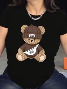 Camiseta con estampado de oso - Ropa deportiva casual de verano de manga corta, mezcla de poliéster suave, transpirable y cómoda, fácil de cuidar, de secado rápido, adecuada para actividades al aire libre y uso casual, estilo de ocio, ALL/Global/All - Negro - Ver 2