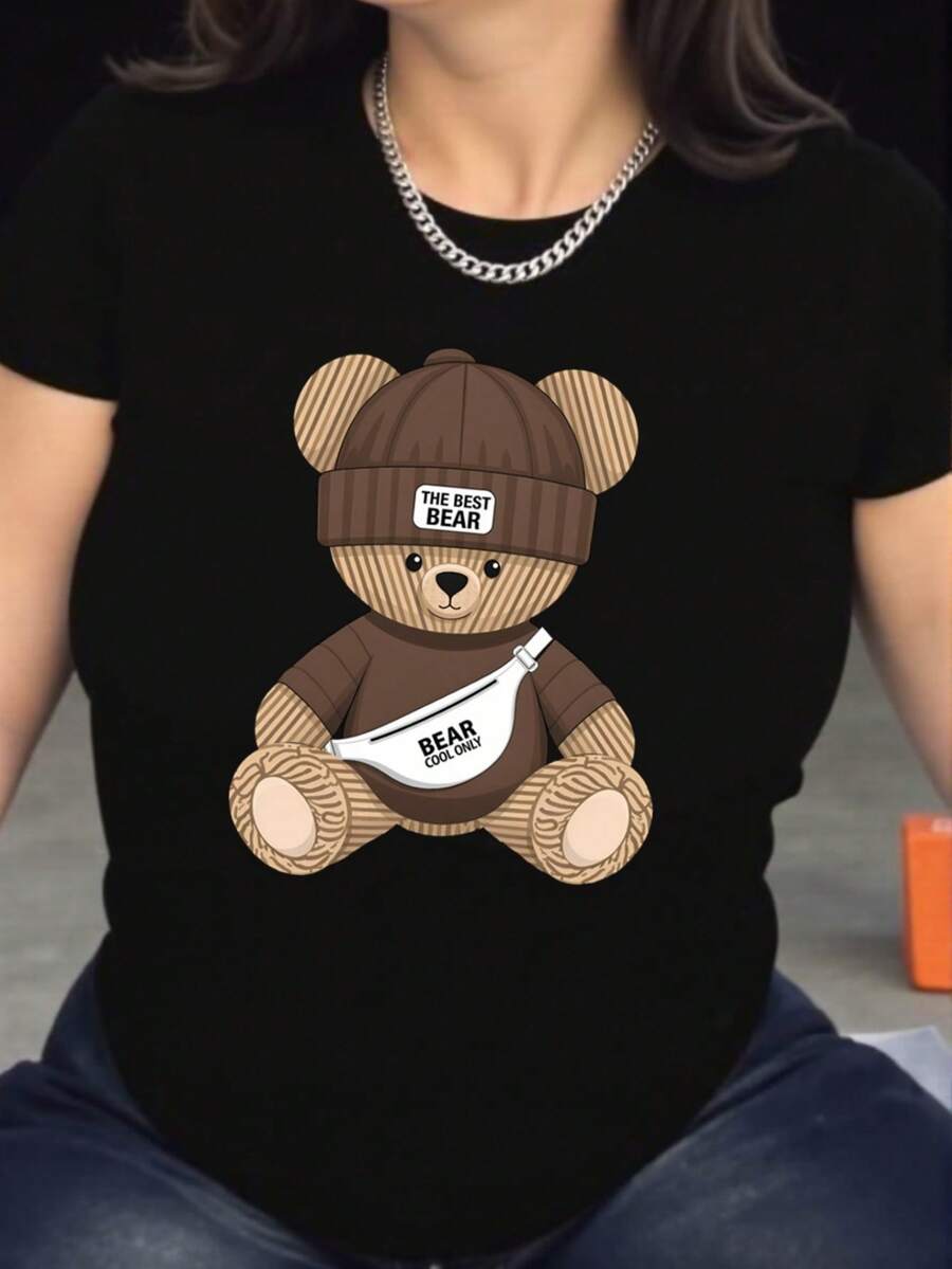 Camiseta con estampado de oso - Ropa deportiva casual de verano de manga corta, mezcla de poliéster suave, transpirable y cómoda, fácil de cuidar, de secado rápido, adecuada para actividades al aire libre y uso casual, estilo de ocio, ALL/Global/All