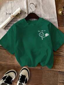 Oversized Short-Sleeved T-Shirt With Double-Sided Simple Cartoon Print, Casual Style, Round Neck, Women's Clothing - Unisex 100% Cotton Urban Vintage Style Loose Fit T-Shirt. - 綠色 - 查看 3