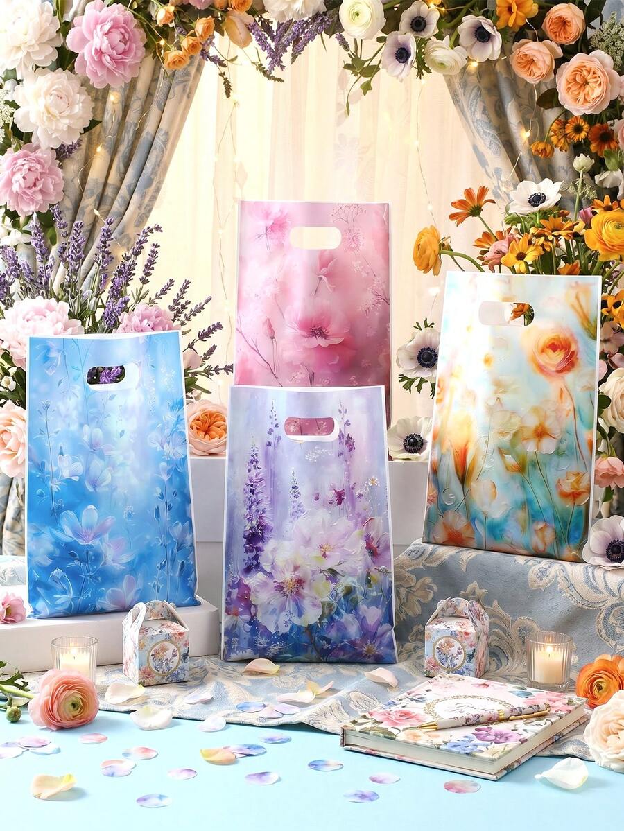 50个/套 花卉油画图案塑料礼品袋，绘画艺术手提袋，生日派对装饰，花卉主题派对用品，礼品包装，婚礼装饰，婴儿派对，购物袋，春季装饰，派对回礼