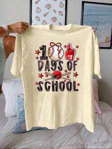 ¡Feliz 100º Día de la Escuela de Béisbol! Top Casual de Manga Corta y Cuello Redondo Estampado para Mujer, Perfecto para Primavera y Verano. Adecuado para primavera, verano y otoño. - Albaricoque - Ver 2