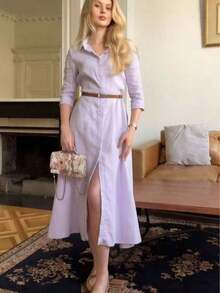Vestido de manga larga con cuello de camisa elegante para mujer, adecuado para uso diario y vacaciones, primavera/verano - Púrpura malva - Ver 5