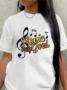 Camiseta de manga corta, ligera y duradera, con el estampado "La música es mi alma", es perfecta para el uso diario y una opción ideal para el hogar, cafeterías o amantes de la música al aire libre. - Blanco - Ver 7