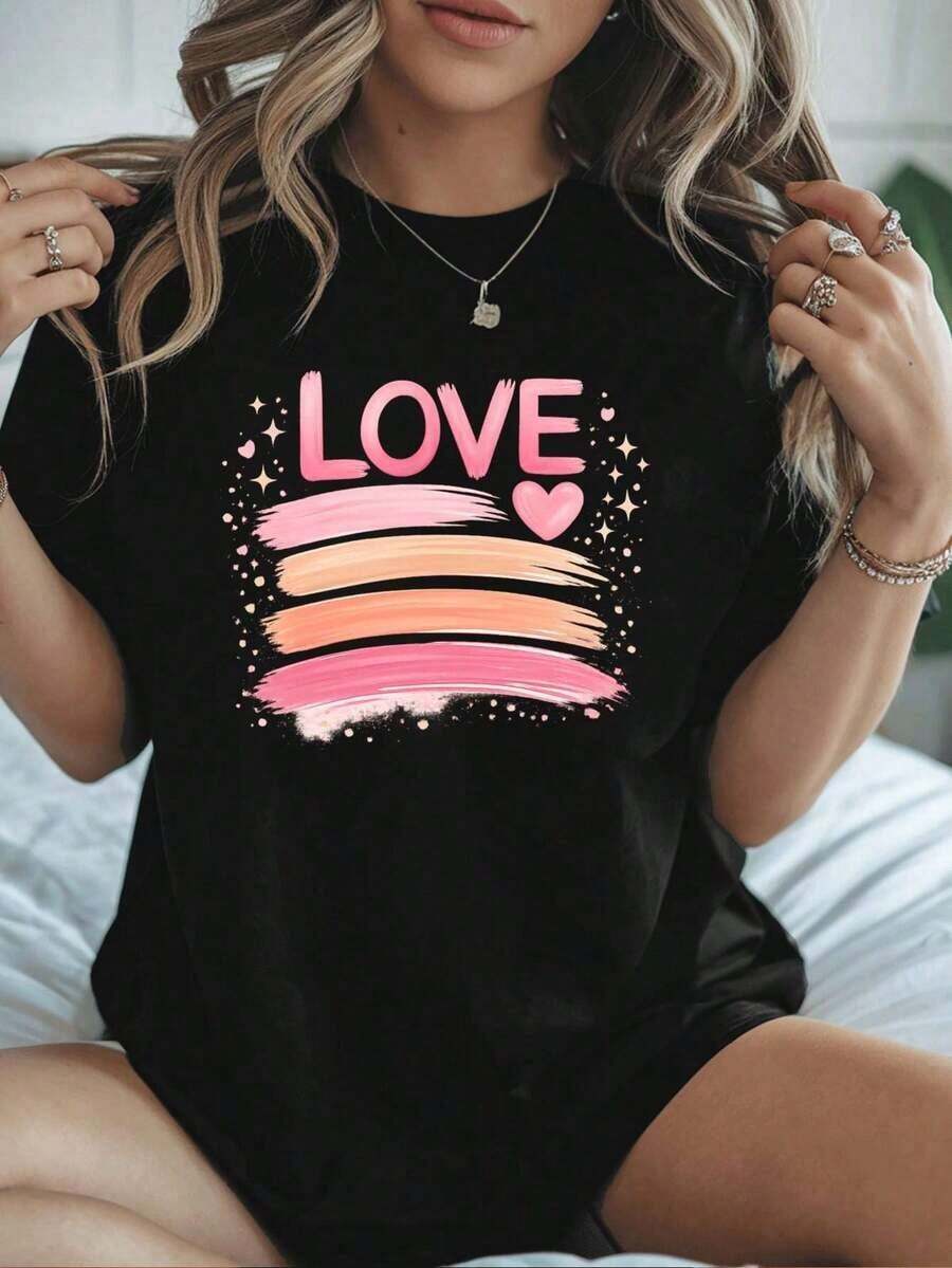 TrendyCamiseta de mujer con estampado de corazón, cuello redondo, corte holgado, estilo hip-hop urbano, ajuste cómodo, estampado gráfico único.Everyday Wear - Negro - Ver 1