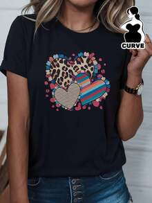Camiseta de mujer con estampado de corazones para el Día de San Valentín, top casual negro de manga corta, diseño de corazón con estampado de leopardo, lavable, camiseta de cuello redondo para primavera/otoño, camiseta casual con estampado vibrante - Camiseta unisex de algodón holgada de manga corta y cuello redondo estilo vintage urbano. - Negro - Ver 1
