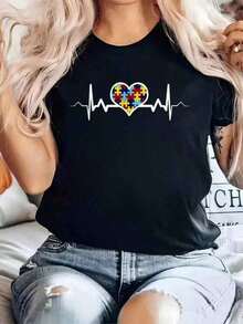 Camiseta Casual 100% Algodón para Concientización sobre el Autismo - Diseño de Rompecabezas de Latidos del Corazón, Orgullo Autista, Regalo para Mamá, Camiseta con Estampado y Cuello Redondo para Verano, Camiseta Suave de Manga Corta para Mujer, Camiseta Elegante y Cómoda para Mujer, Camisetas Gráficas para Mujer - Negro - Ver 6