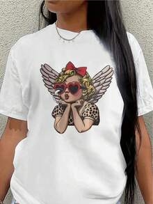 Camiseta de manga corta, ligera y resistente, con diseño de ángel, es perfecta para descansar en casa o salir a comer, lo que la convierte en una opción cómoda para el uso diario.blusa casual mujer - Blanco - Ver 7