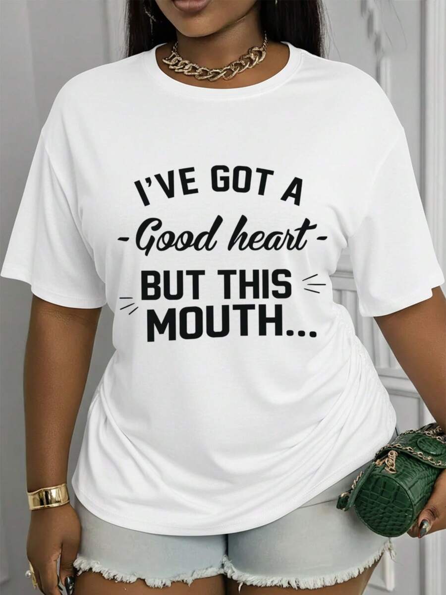 Suave, transpirable y ligera para comodidad durante todo el día. Divertida camiseta para mujer con la ingeniosa frase "Tengo buen corazón - pero mi boca..." - Camiseta casual de manga corta y cuello redondo con un estampado llamativo y juguetón. La ligera camiseta es adecuada para uso casual en primavera, verano y otoño, y es lavable a máquina, lo que la convierte en un artículo imprescindible para tu guardarropa. Cuello redondo clásico con un corte relajado que favorece todas las formas del cuerpo y es fácil de combinar con jeans, shorts y leggings. - Blanco - Ver 1