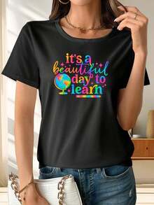 Camiseta única y colorida con el diseño "Es un hermoso día para aprender" perfecta para los amantes de la educación y el aprendizaje, ideal para lucir con estilo en cualquier ocasión, únete a la moda y2k hoy mismo - Negro - Ver 8