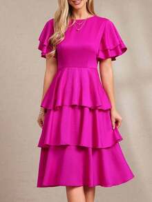 Vestido de mujer de unicolor con volantes en el bajo y capas - Rojo - Ver 11