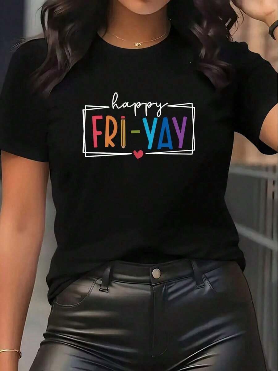 Camiseta única con diseño colorido de feliz FRI-YAY perfecta para mostrar tu espíritu alegre y disfrutar del fin de semana ideal para fans de la moda y estilo Y2K disponible en México - Negro - Ver 1