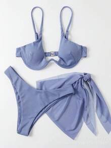 Nuevo traje de baño de tres piezas para mujer, bikini sexy con falda de malla acanalada de color sólido. - Gris pizarra - Ver 9