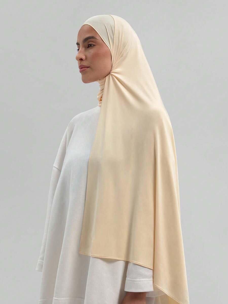 1pc Women's Solid Color Knit Headscarf, Soft Breathable Muslim Hijab, Suitable For Daily Wear - Pale Yellow - View 1
