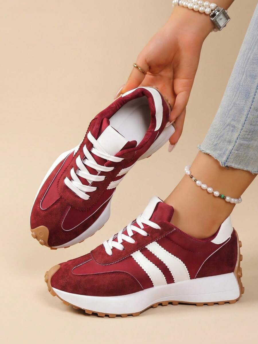 Women's White Casual Sneakers, Low-Top, Lightweight, Non-Slip, Wear-Resistant, Low Heel, Round Toe, Breathable, Lace-Up, Suitable For Outdoor Sports, - 紅色 - 查看 1