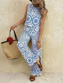 Frenchy Conjunto de 2 piezas de top de tirantes y pantalones de unicolor casual para vacaciones de mujer - Azul y blanco - Ver 5
