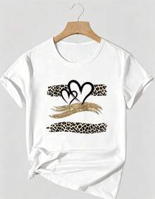 Camiseta de Mujer a 3 con Estampado Creativo de Leopardo al Atardecer y Elemento en Forma de Corazón, Conjunto de Pieza, Top Casual de Manga Corta y Cuello Redondo para Primavera/Verano, Conjunto de Ropa de Mujer de Varias Piezas. - Blanco - Ver 2