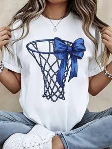 Women's Fashion T-Shirt With Basketball Hoop Print And Blue Bow, Casual Summer Top For Daily Wear And Sports Activities - 白色 - 查看 7
