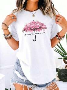 ComfortableCamiseta de manga corta con estampado de flores de paraguas, estilo casual, cuello redondo, moda primavera/verano para mujer, camiseta estampada de algodón de talla. Camiseta de manga corta para mujer, estilo básico que combina con todo, para uso interior y exterior. - Blanco - Ver 1