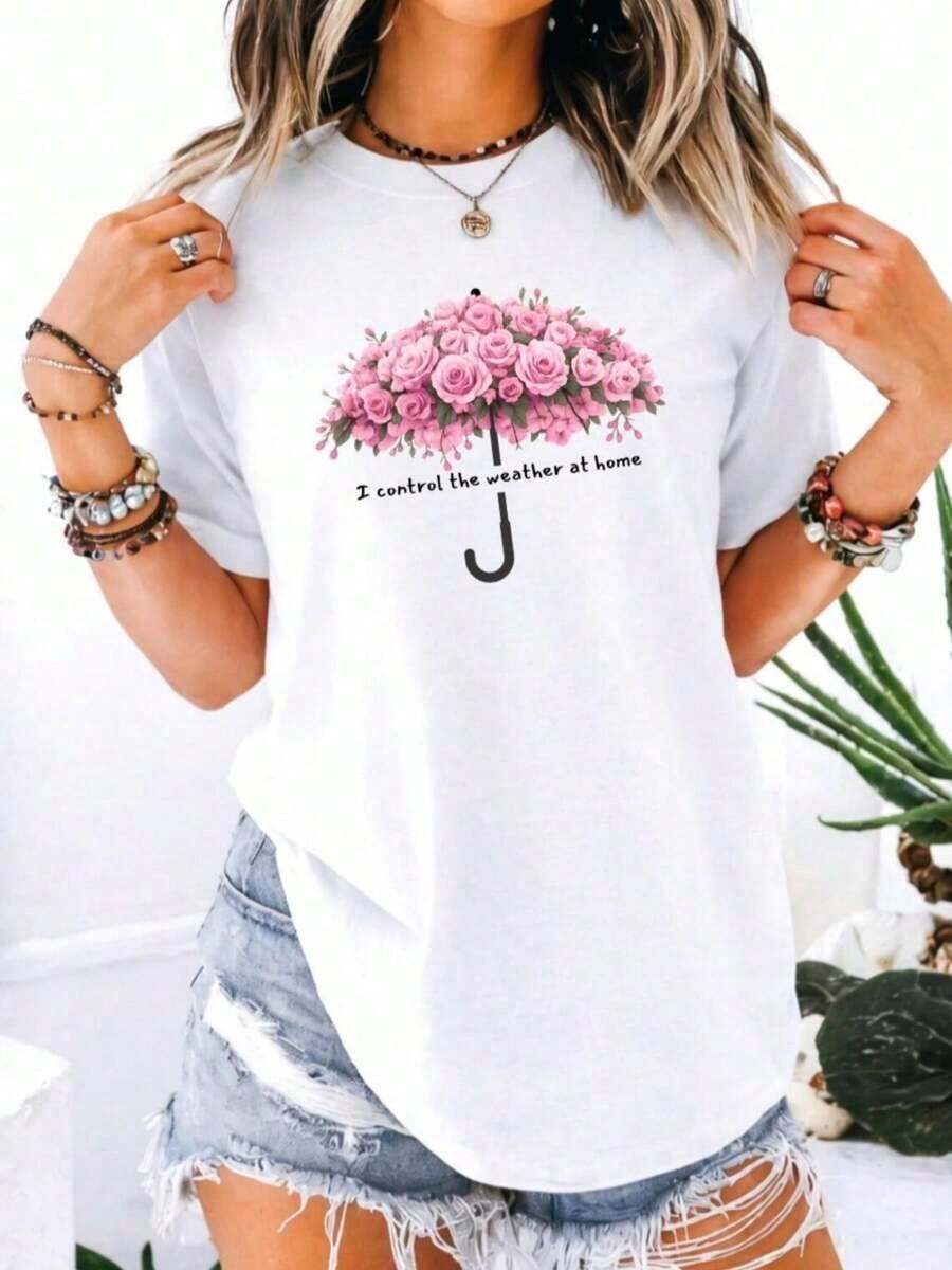 ComfortableCamiseta de manga corta con estampado de flores de paraguas, estilo casual, cuello redondo, moda primavera/verano para mujer, camiseta estampada de algodón de talla. Camiseta de manga corta para mujer, estilo básico que combina con todo, para uso interior y exterior. - Blanco - Ver 1