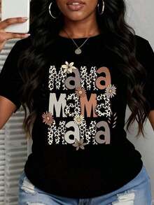 1 pieza Camiseta con estampado de leopardo y flores Mama Mama Mama, blanca, informal, para mujer, para el Día de la Madre y uso diario, 180g, 100% algodón. - Negro - Ver 2
