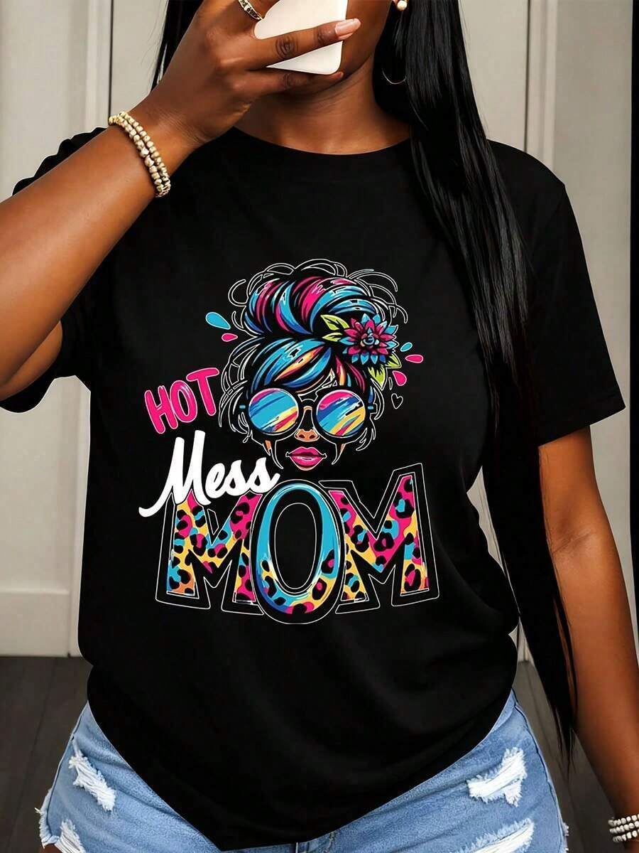 Camiseta de Mujer con Estampado Gráfico 'Hot Mess Mom' con Diseño de Cabello Colorido y Gafas de Sol, Ropa Casual de Verano para Mamás y Mujeres - Negro - Ver 1